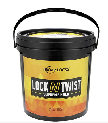 Black and yellow container of AllDay Locks Lock N Twist hair product on a white background